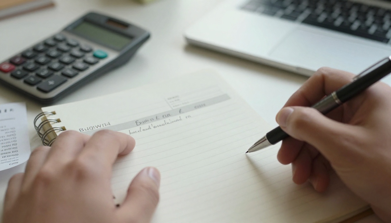 Hand writing a budget list in a notebook beside a small calculator