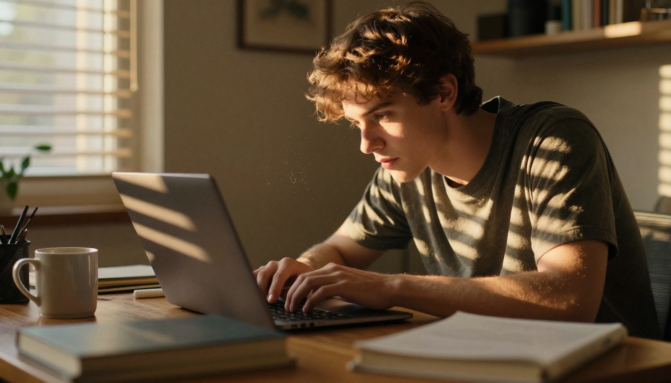 Young man leaning toward a laptop in warm late afternoon light