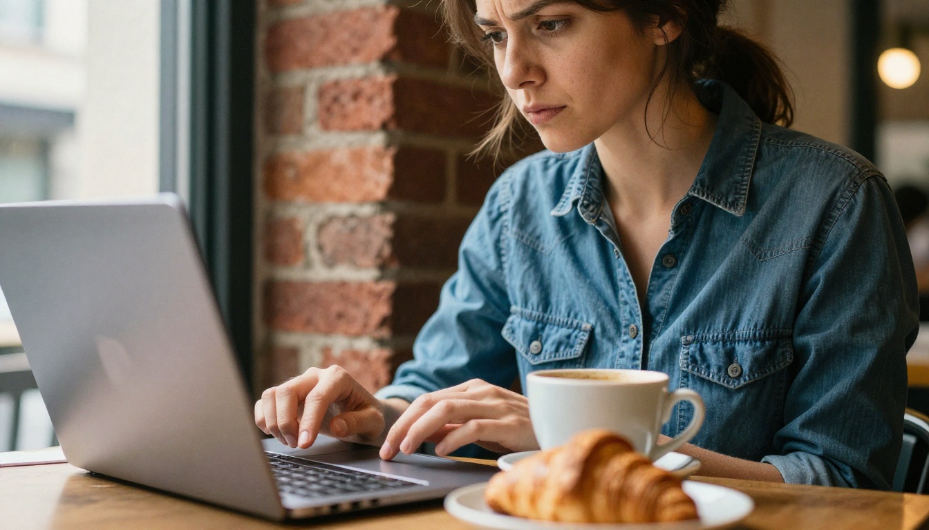 A woman in a denim shirt reading a laptop settings page in a sunlit cafe