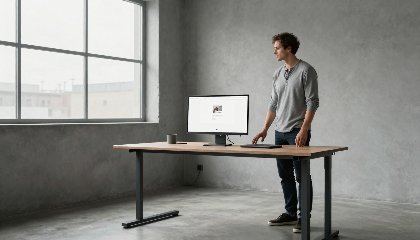 A man in a grey henley at a standing desk looking at a chat app with a video preview