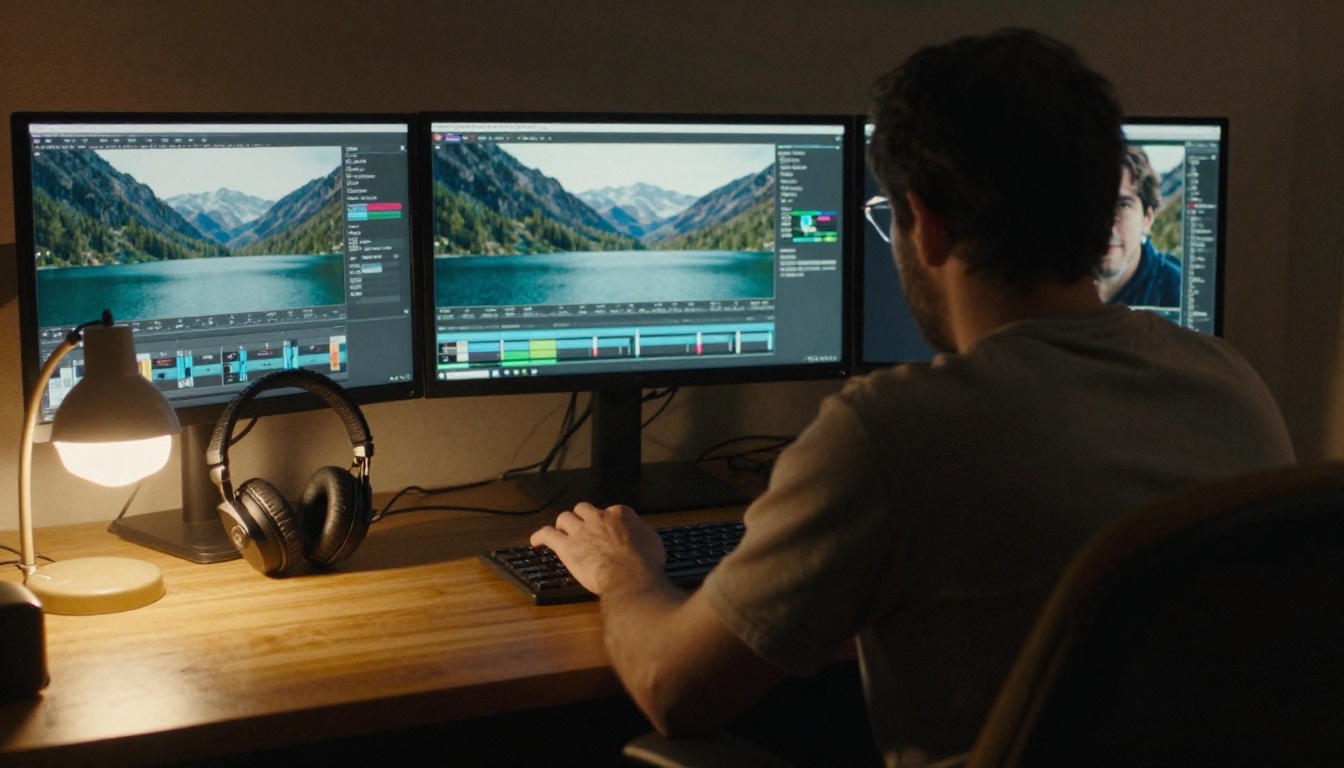 A film editor seen from behind in a dim editing suite with two monitors showing graded footage