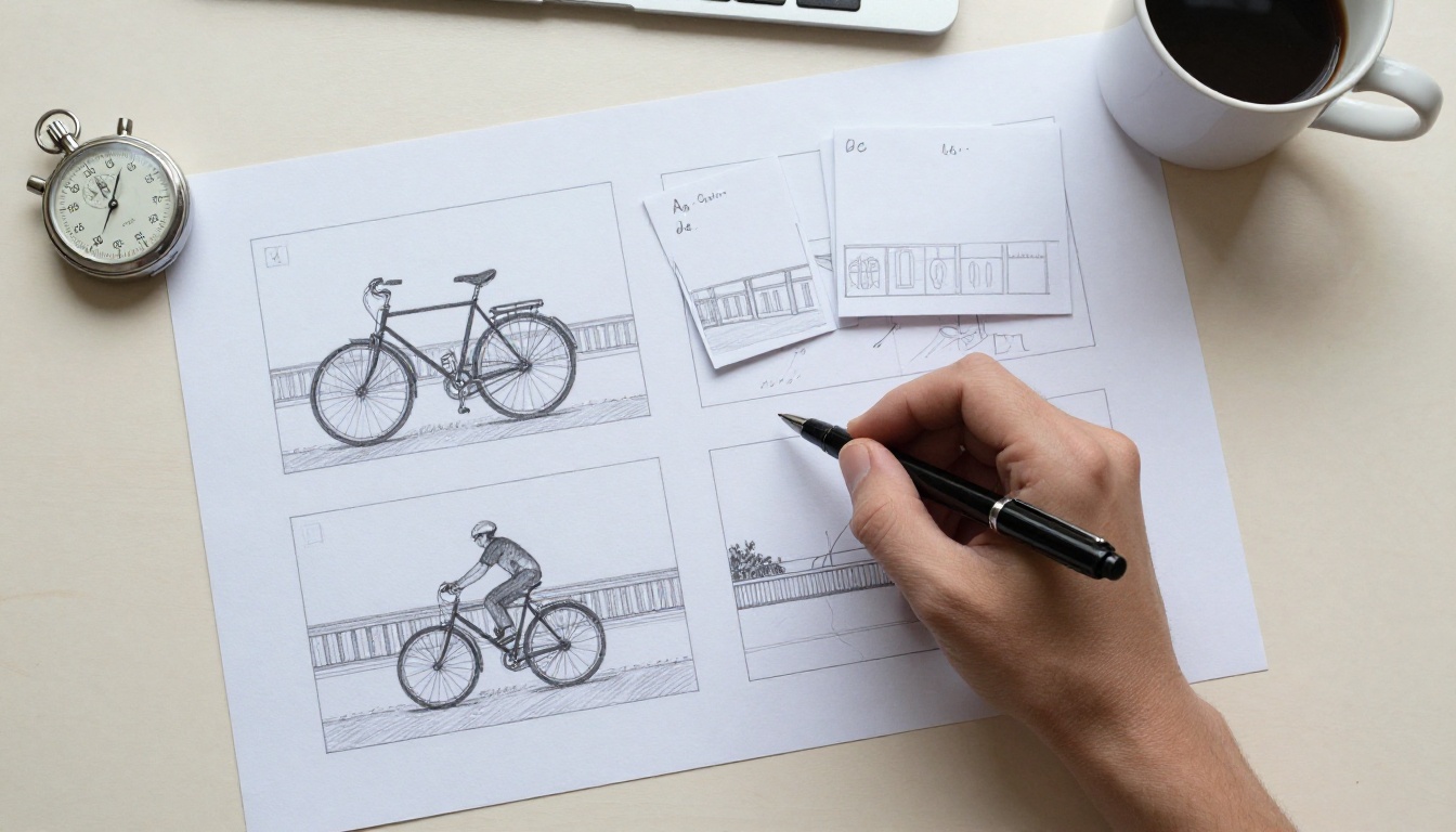 An overhead view of a hand holding a pen over printed storyboard sheets on a birch table