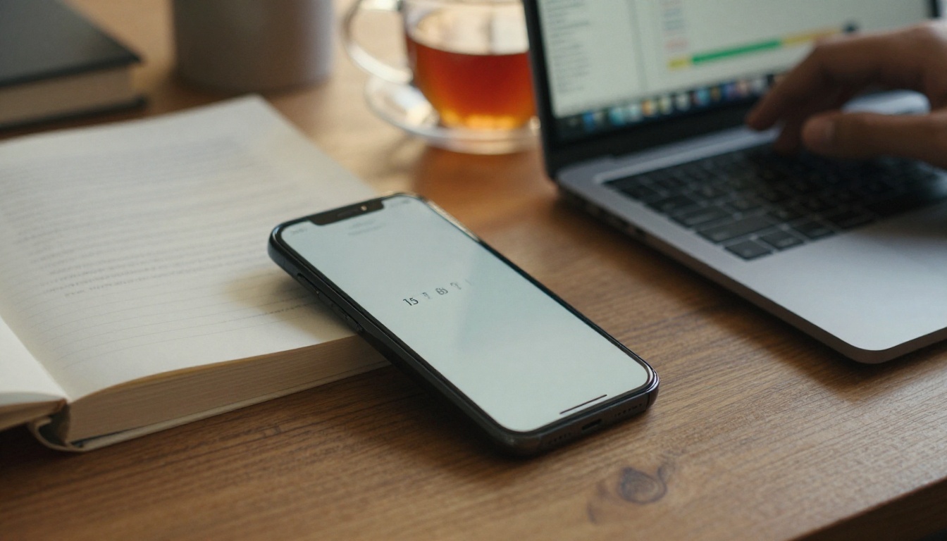 A smartphone timer and a laptop progress bar on a wooden desk in late afternoon light