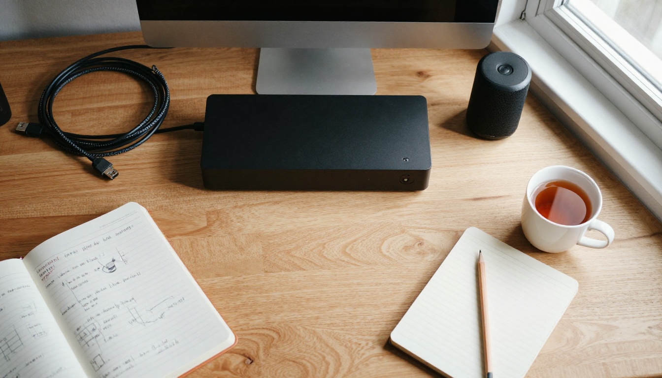 Small black mini PC on a tidy wooden desk with a speaker and notebook