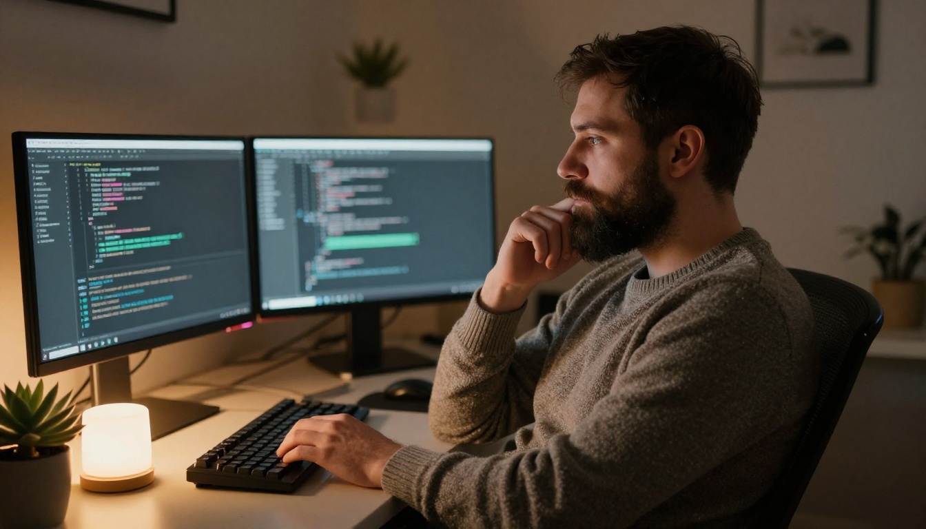 A bearded developer leaning back in an office chair in front of two monitors of code