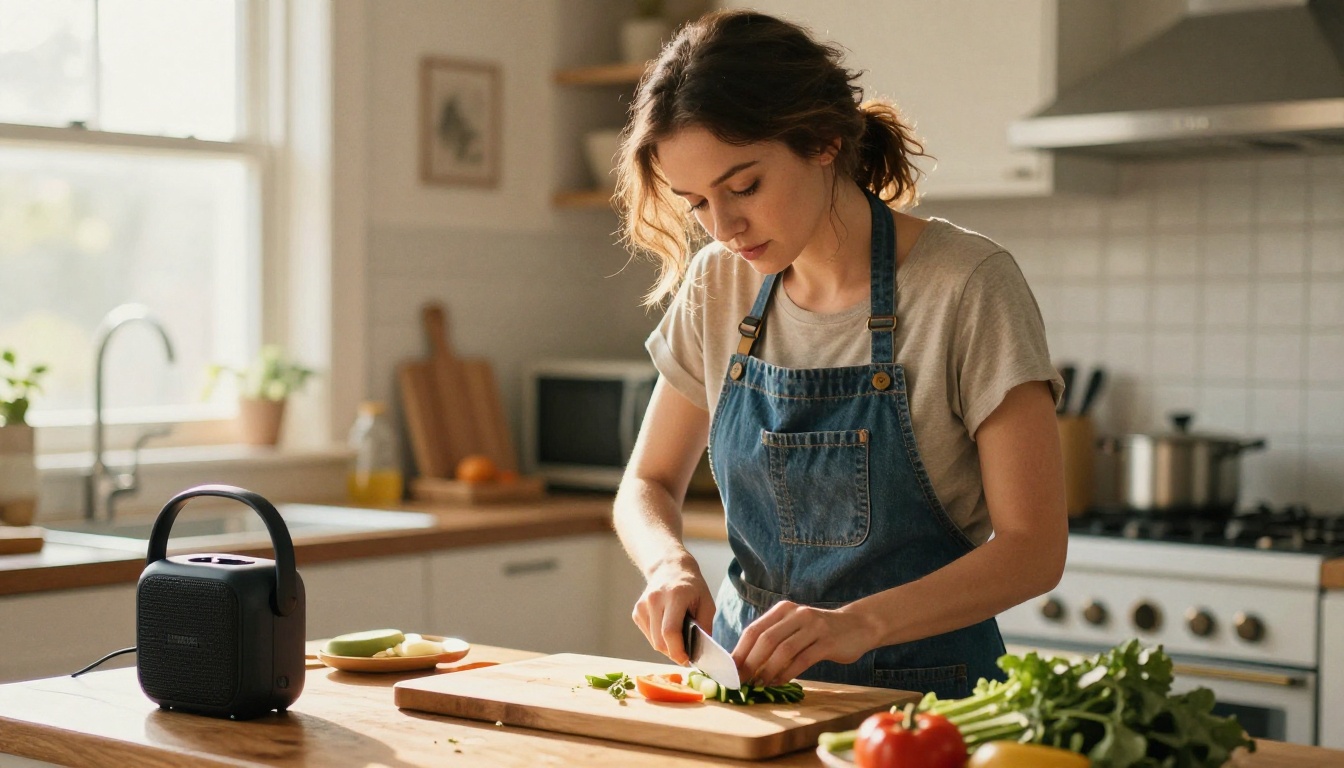 Woman chopping vegetables in a sunny kitchen while a speaker plays audio