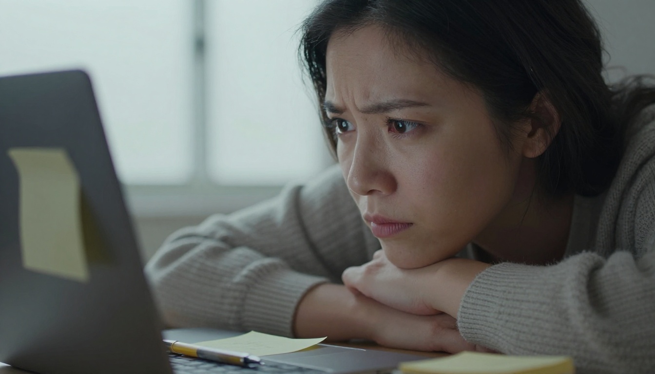 A woman resting her chin on her hand while troubleshooting a laptop