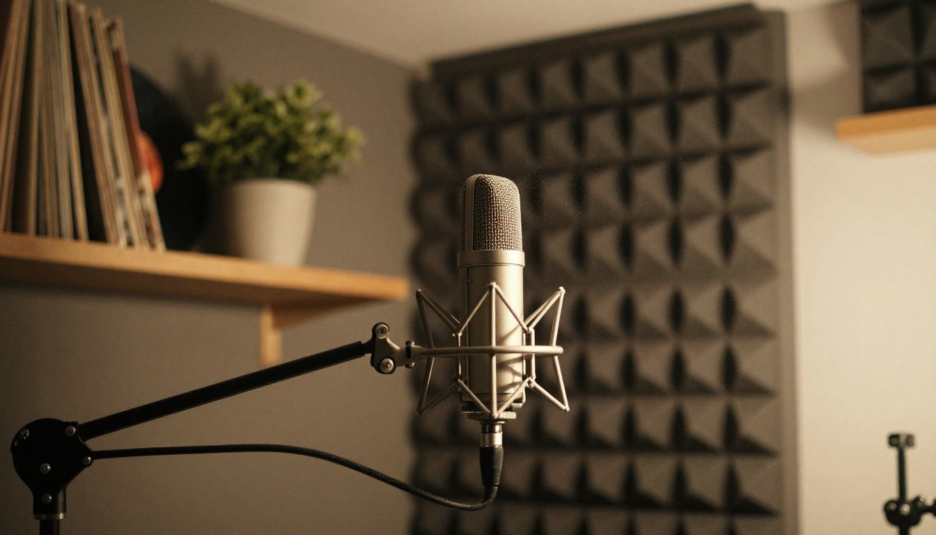 Professional microphone on a boom arm in a small home recording corner