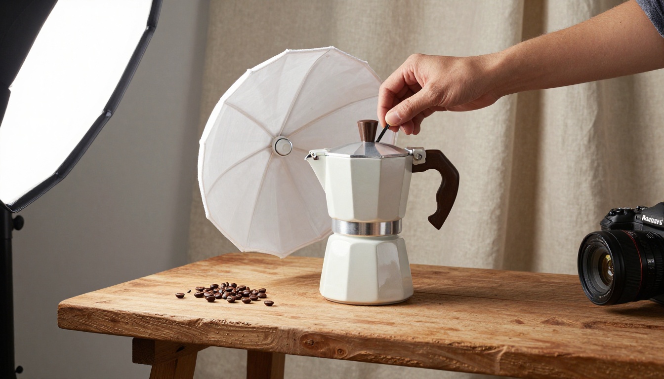 A product photographer adjusting a softbox above a ceramic coffee maker on a rustic table