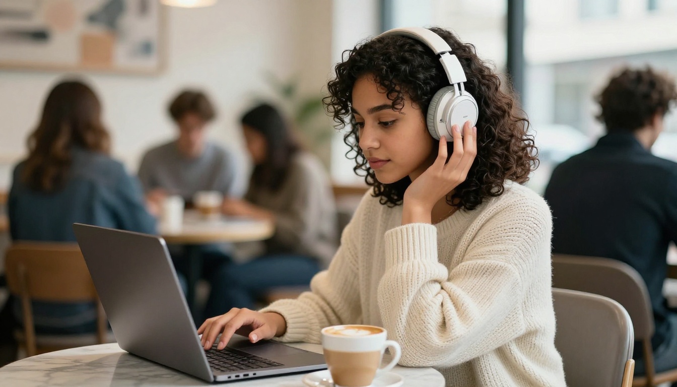 Young woman in a cafe wearing headphones beside an open laptop