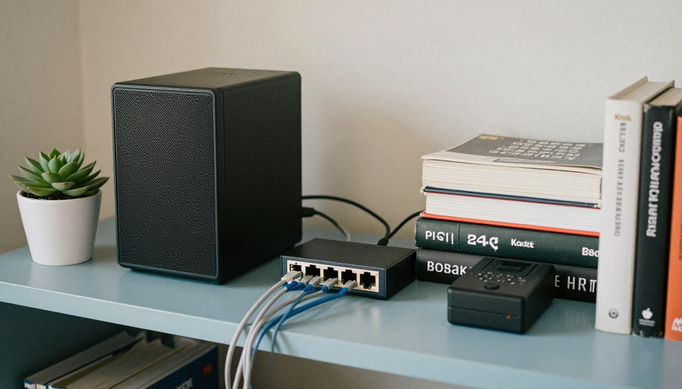 Compact home lab shelf with a small server and neatly routed cables