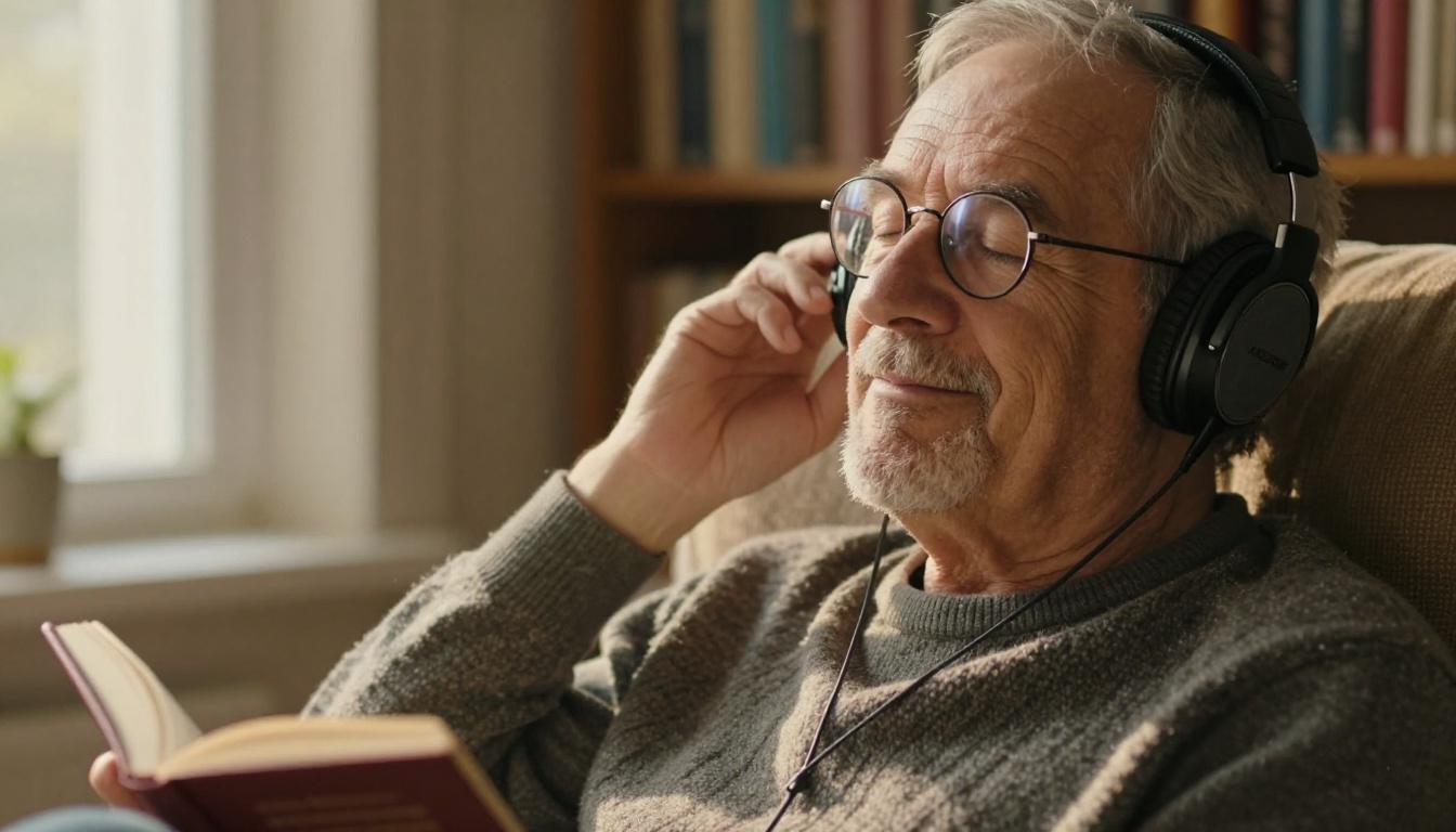 Older man with headphones listening with eyes closed in an armchair