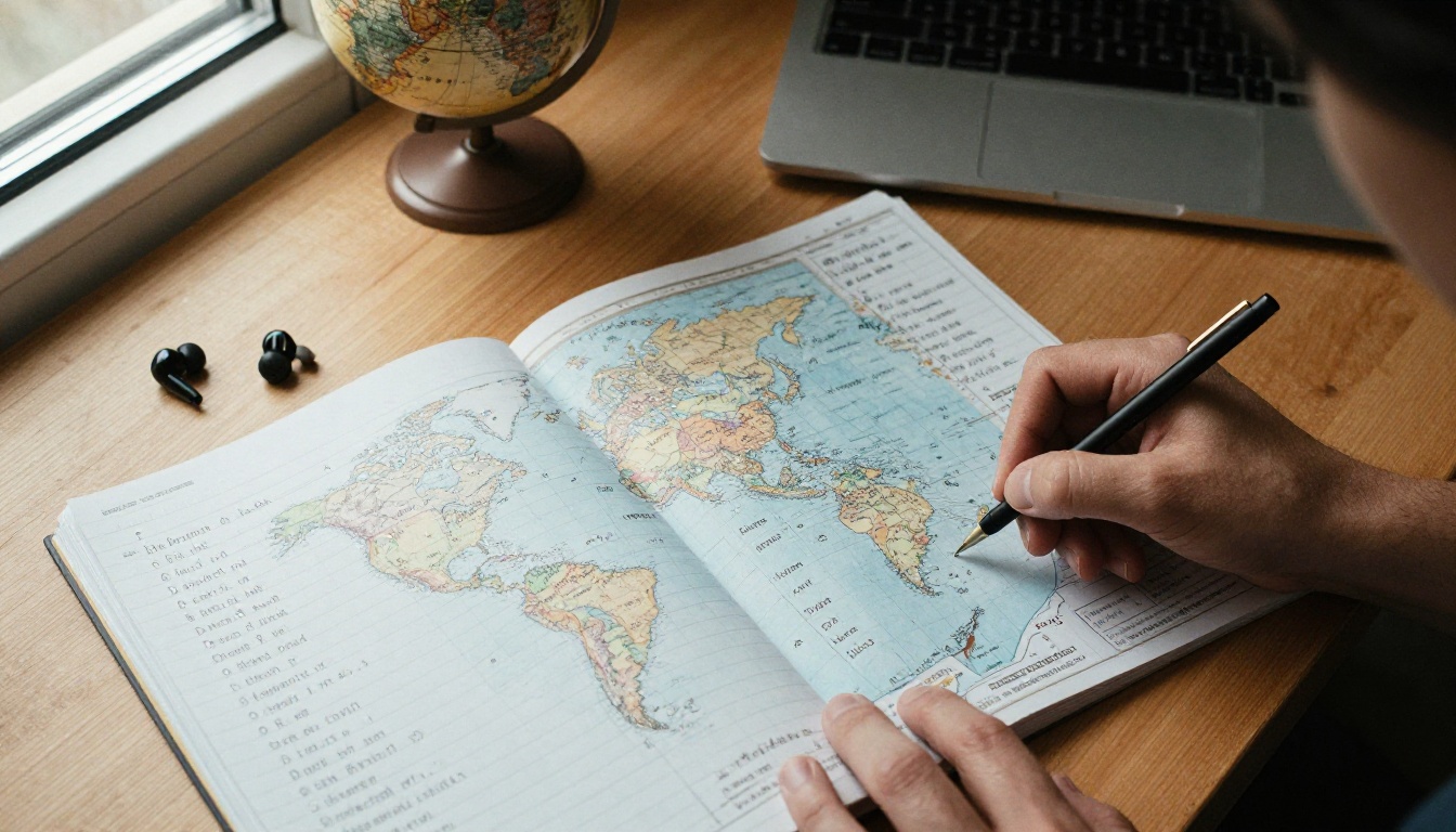 Desk with a world map, vocabulary notebook, and earbuds