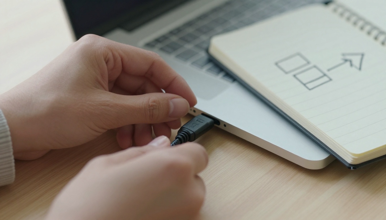 Hands plugging a braided cable into a laptop beside a sketch of two connected boxes