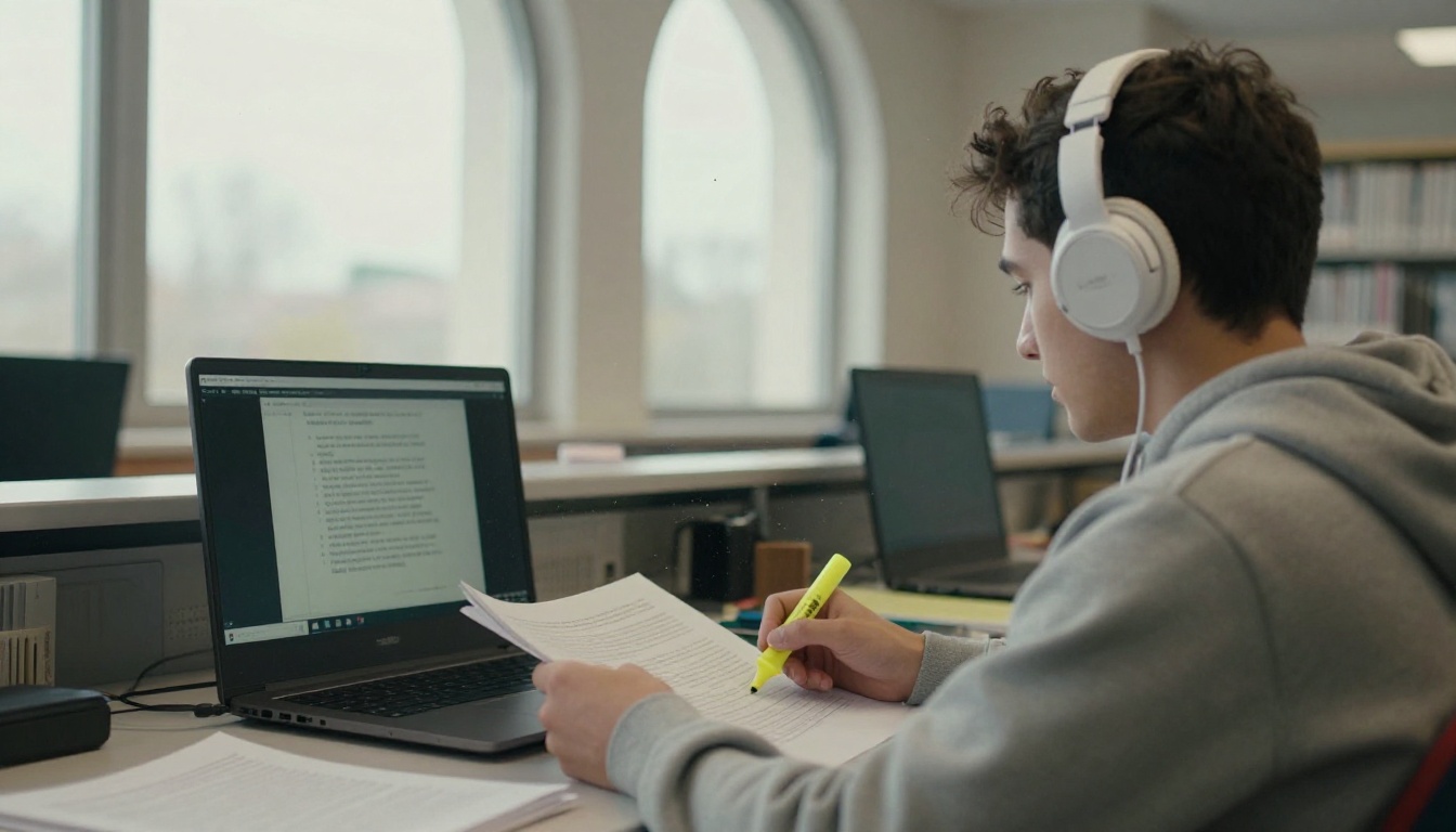 A student wearing headphones highlighting printed pages beside a laptop with a paused lecture video