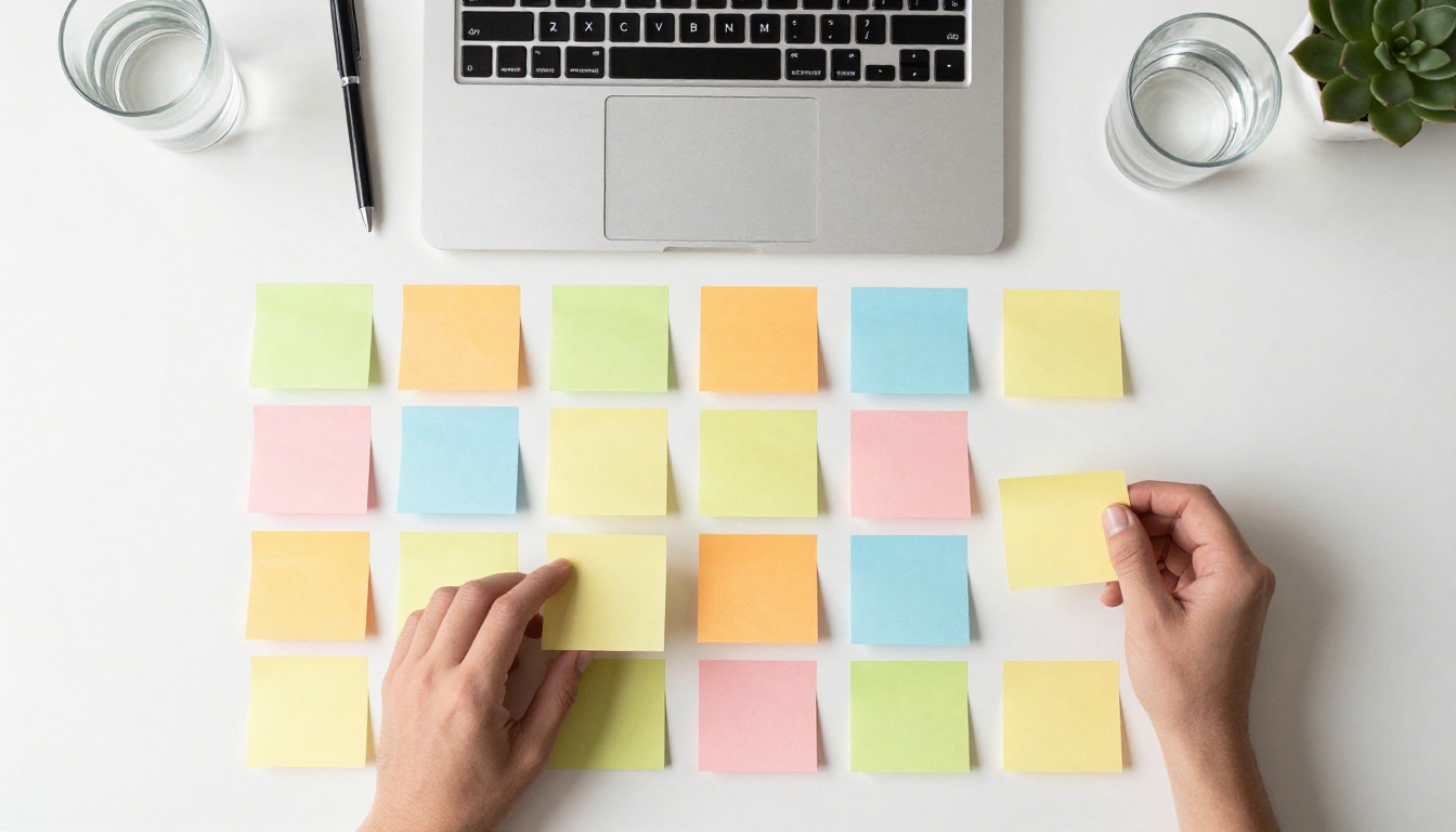 A top down view of index cards and sticky notes arranged in a grid beside an open laptop
