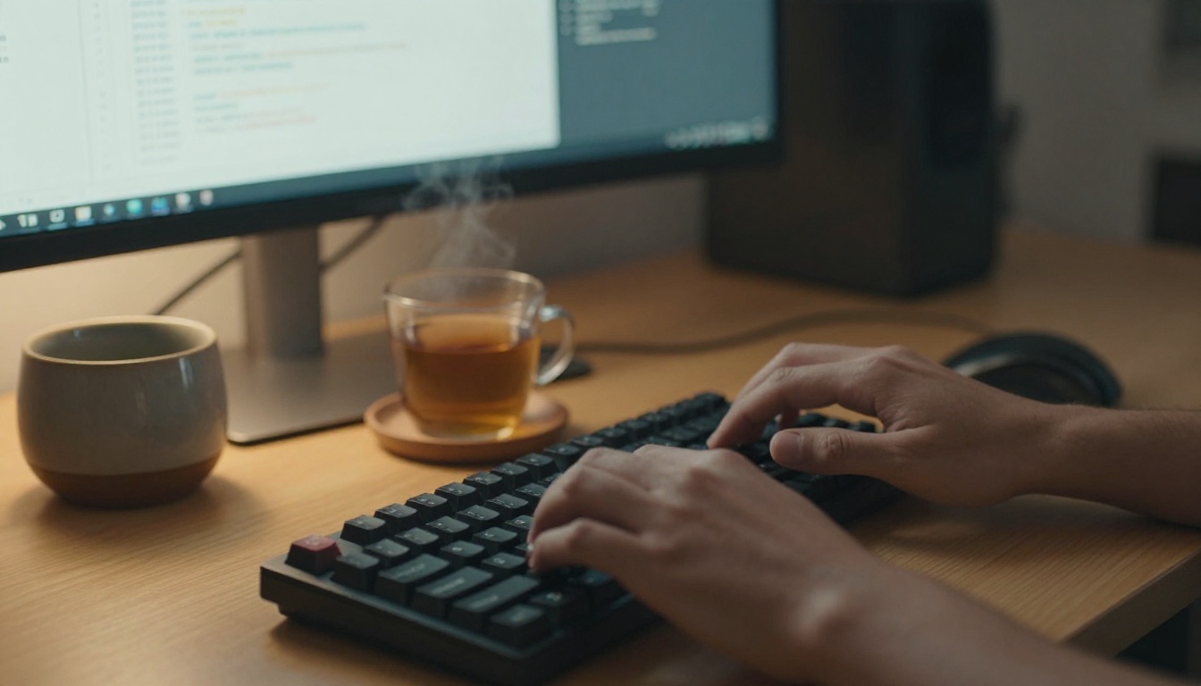 A developer's hands typing at a quiet desk lit by a warm lamp at dusk