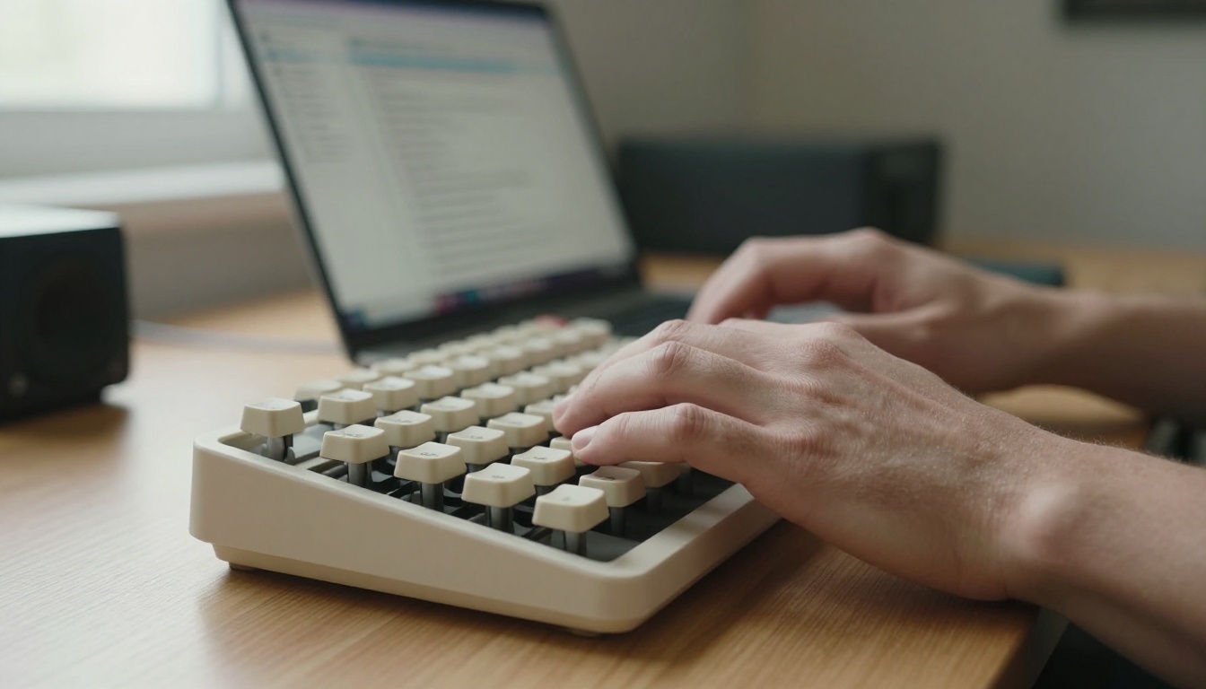 Developer hands typing at a desk with a studio speaker nearby