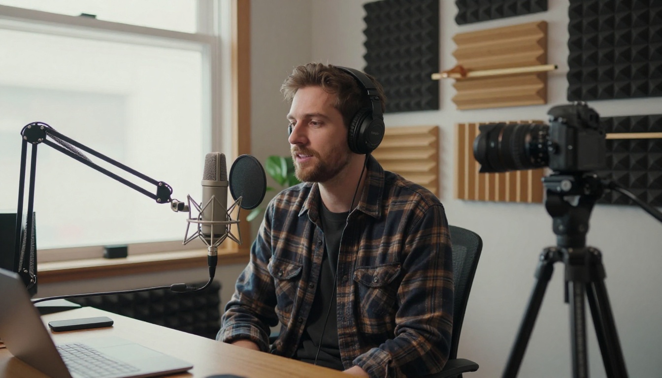 A podcaster seated in a home studio with a boom microphone and a camera on a tripod