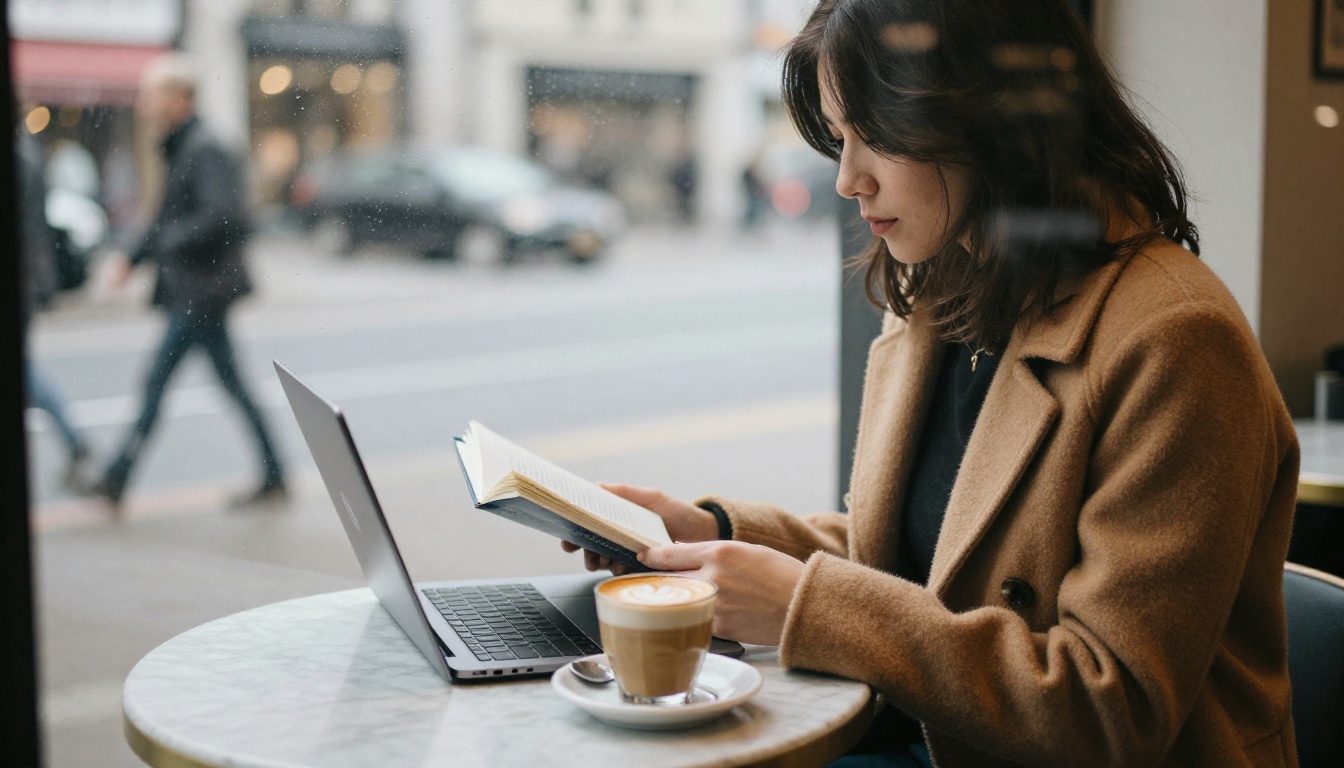 A woman in a camel coat reading from a laptop through a cafe window with a flat white and a paperback beside her