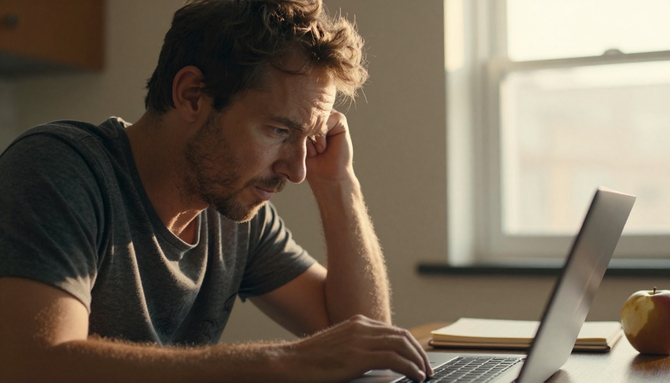 A man at a kitchen table at golden hour frowning at a laptop with a notebook beside him