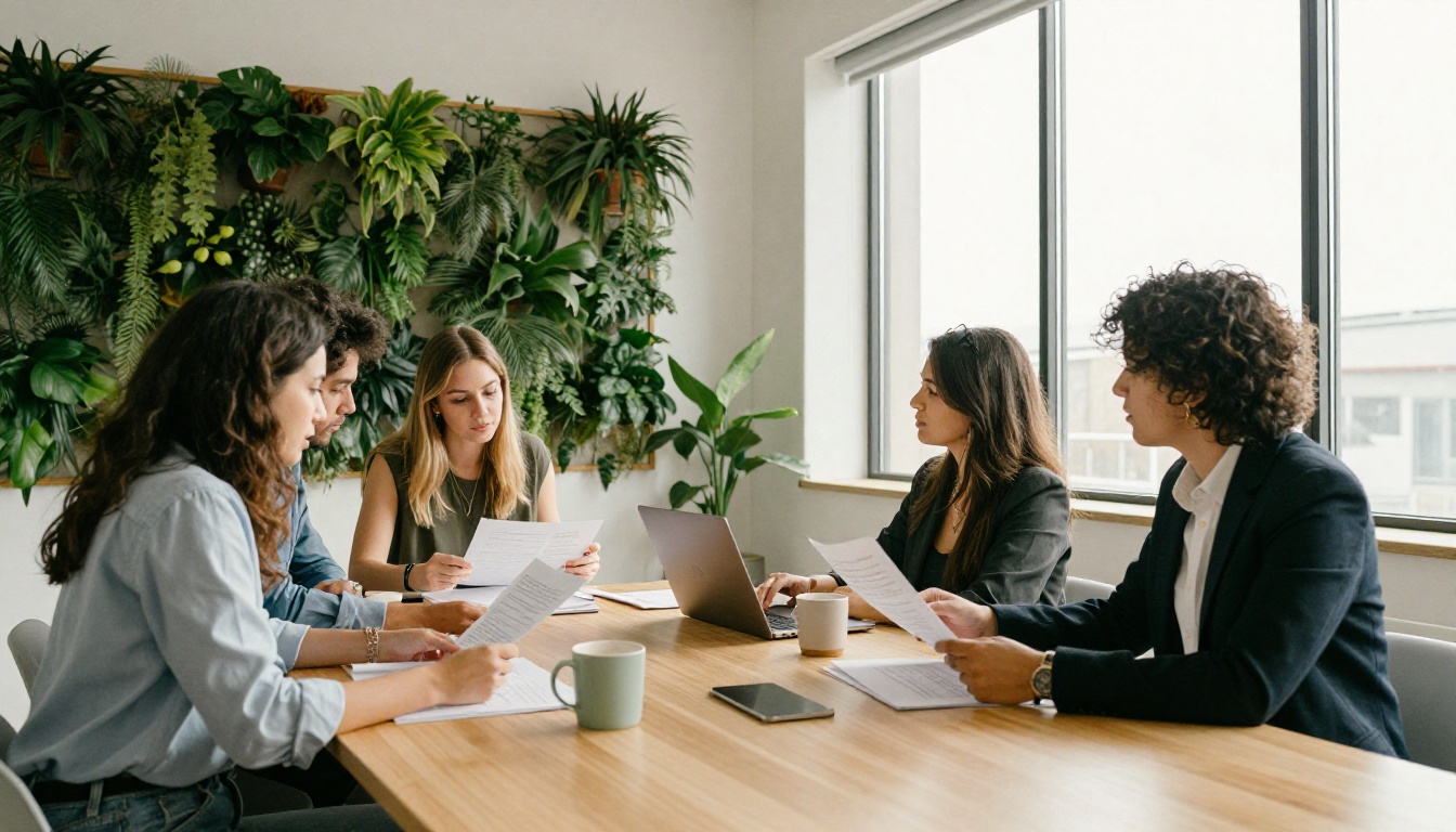 Four colleagues around a conference table reviewing printed pages and a laptop