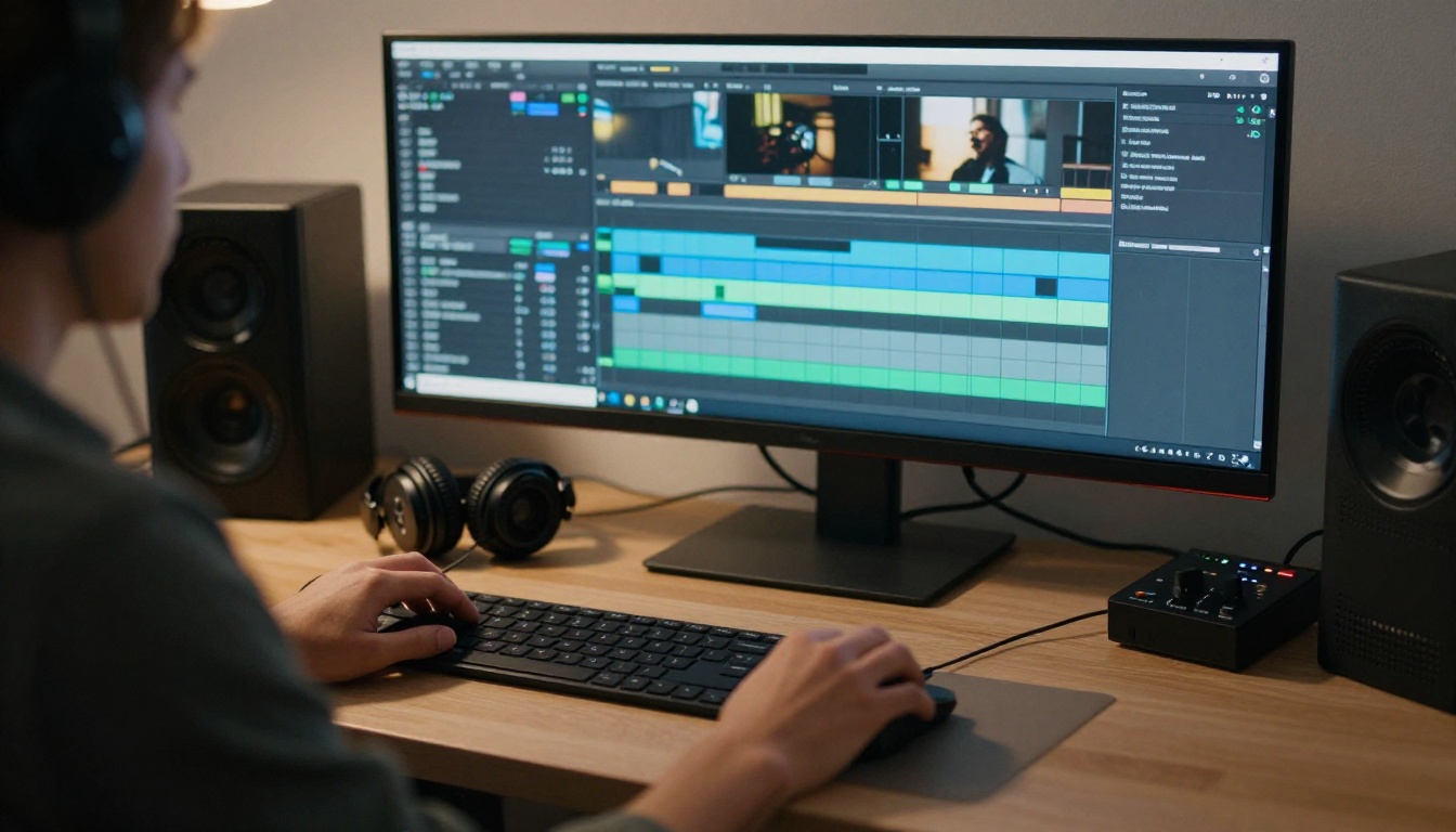 A video editor at a desk with a large monitor showing a blurred editing timeline