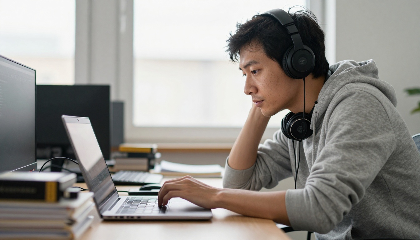 A software developer in a gray hoodie leaning toward a laptop with a folder of audio recordings beside it