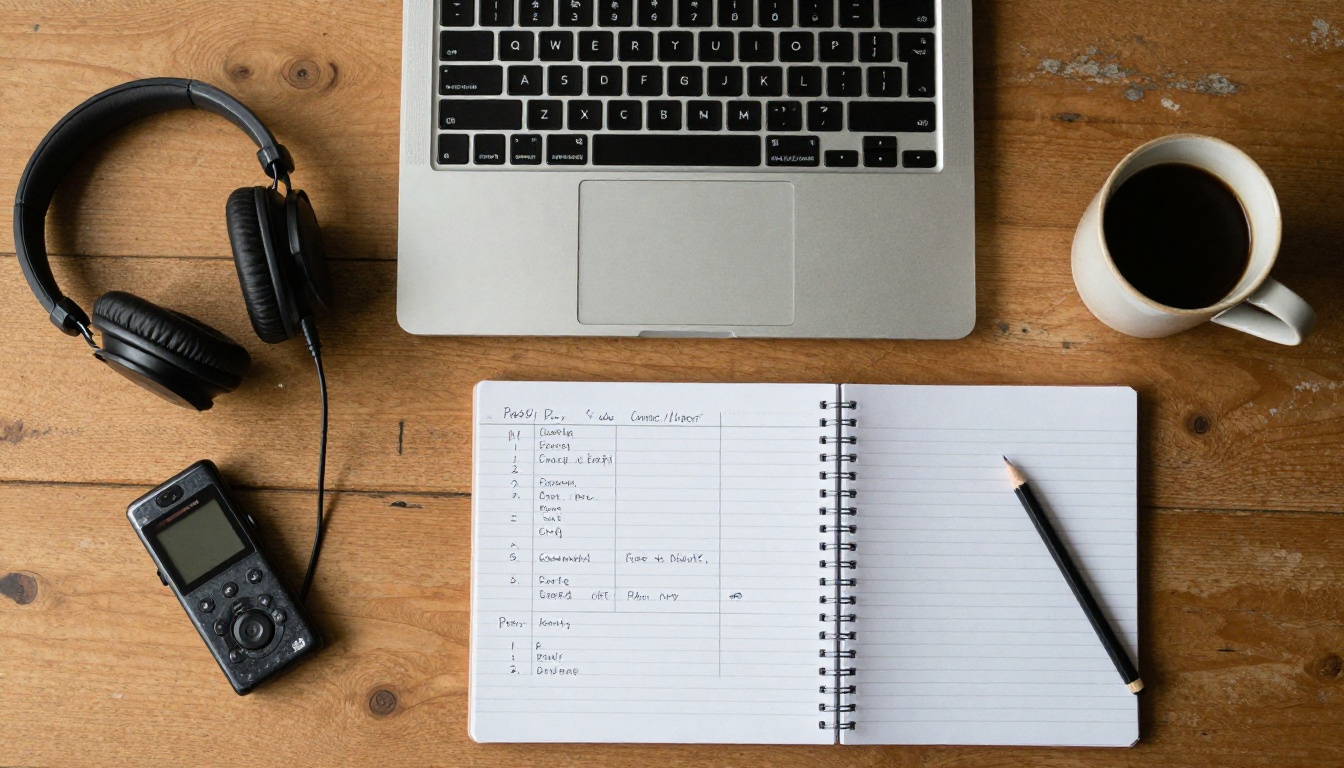 A flat lay of a laptop, studio headphones, a handheld voice recorder and a notebook on a wooden desk