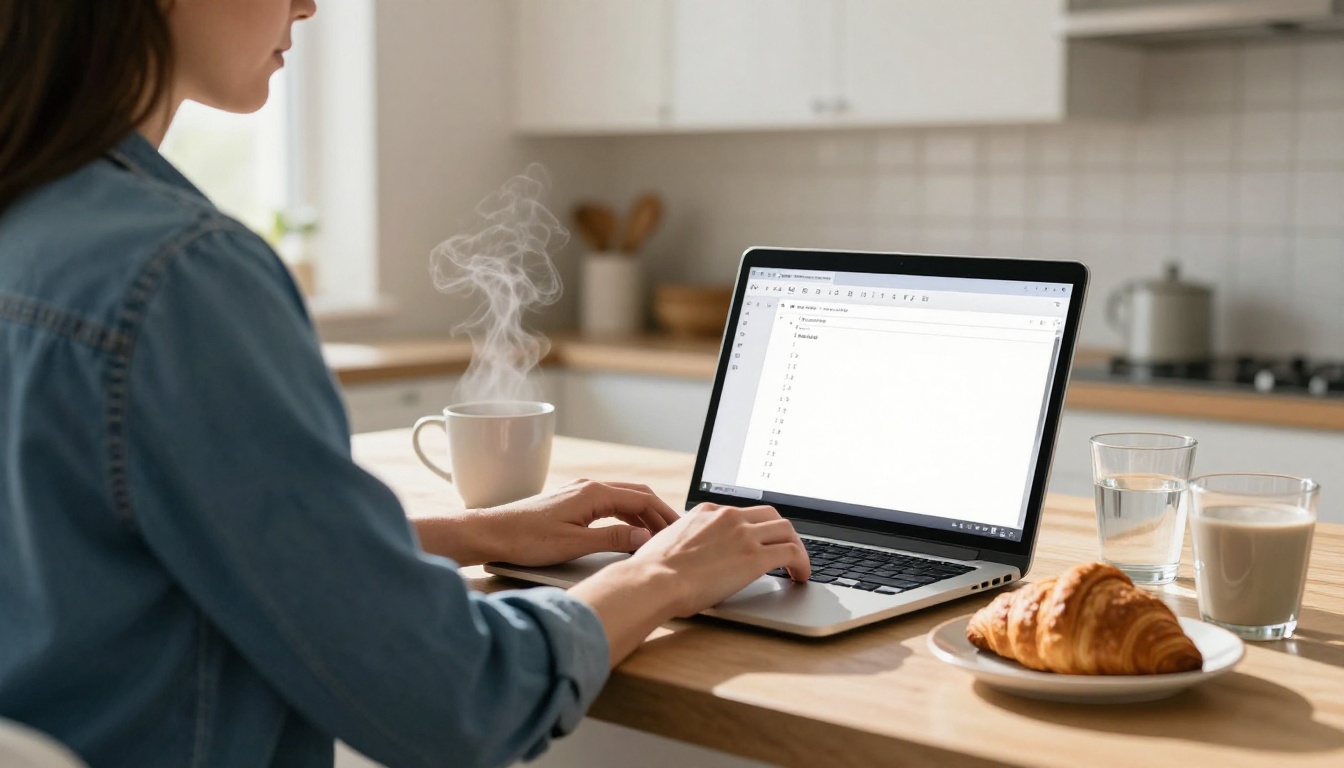A woman in a denim shirt typing at a laptop on a kitchen table in morning light