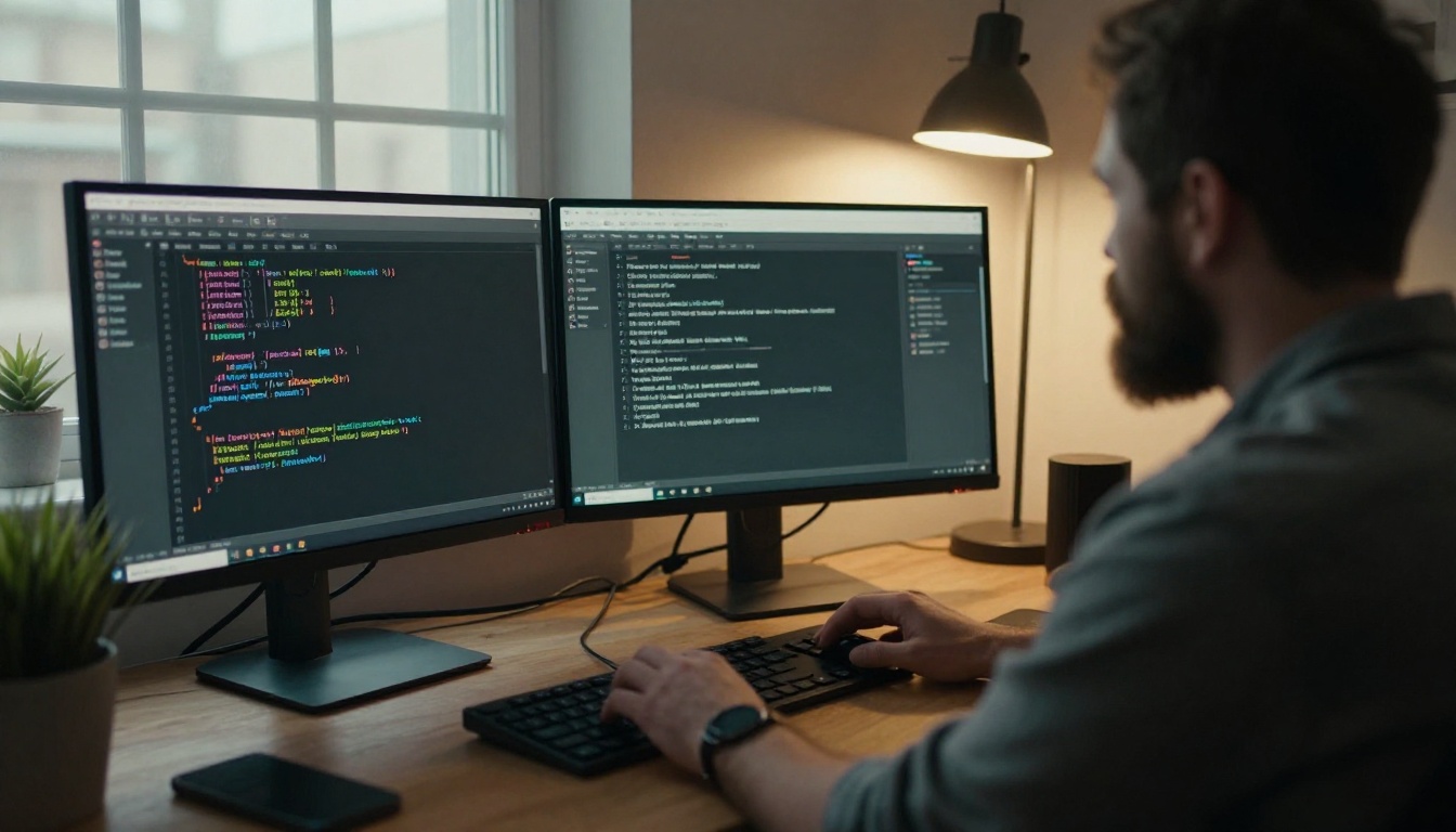 A bearded developer seen from behind at a dual-monitor desk with a code editor and a chat sidebar