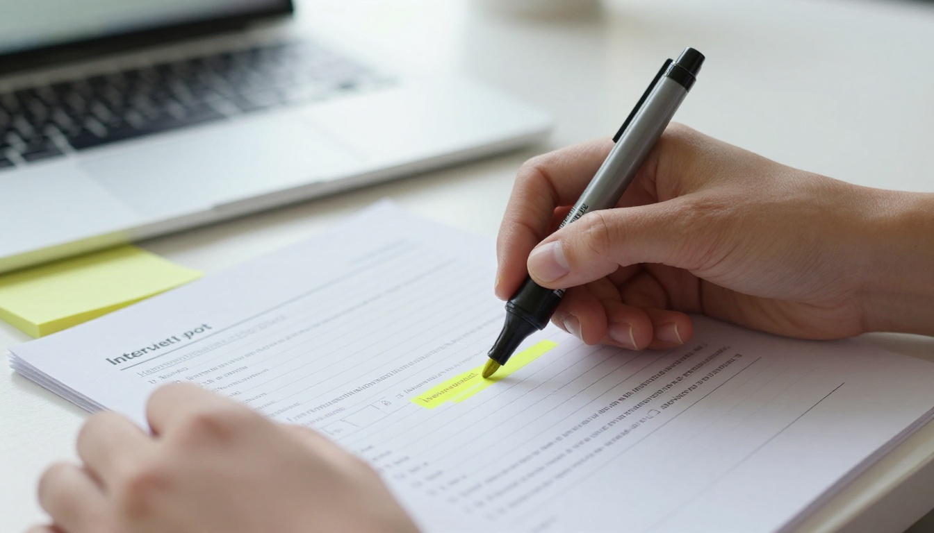 A woman's hands highlighting lines on a printed interview transcript with a yellow highlighter