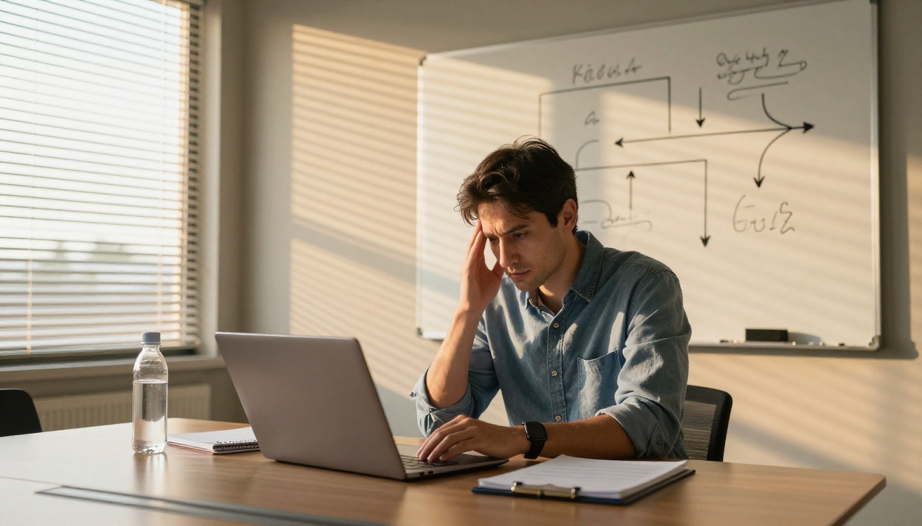 An engineer in a glass-walled meeting room rubbing his temple while reading a laptop screen