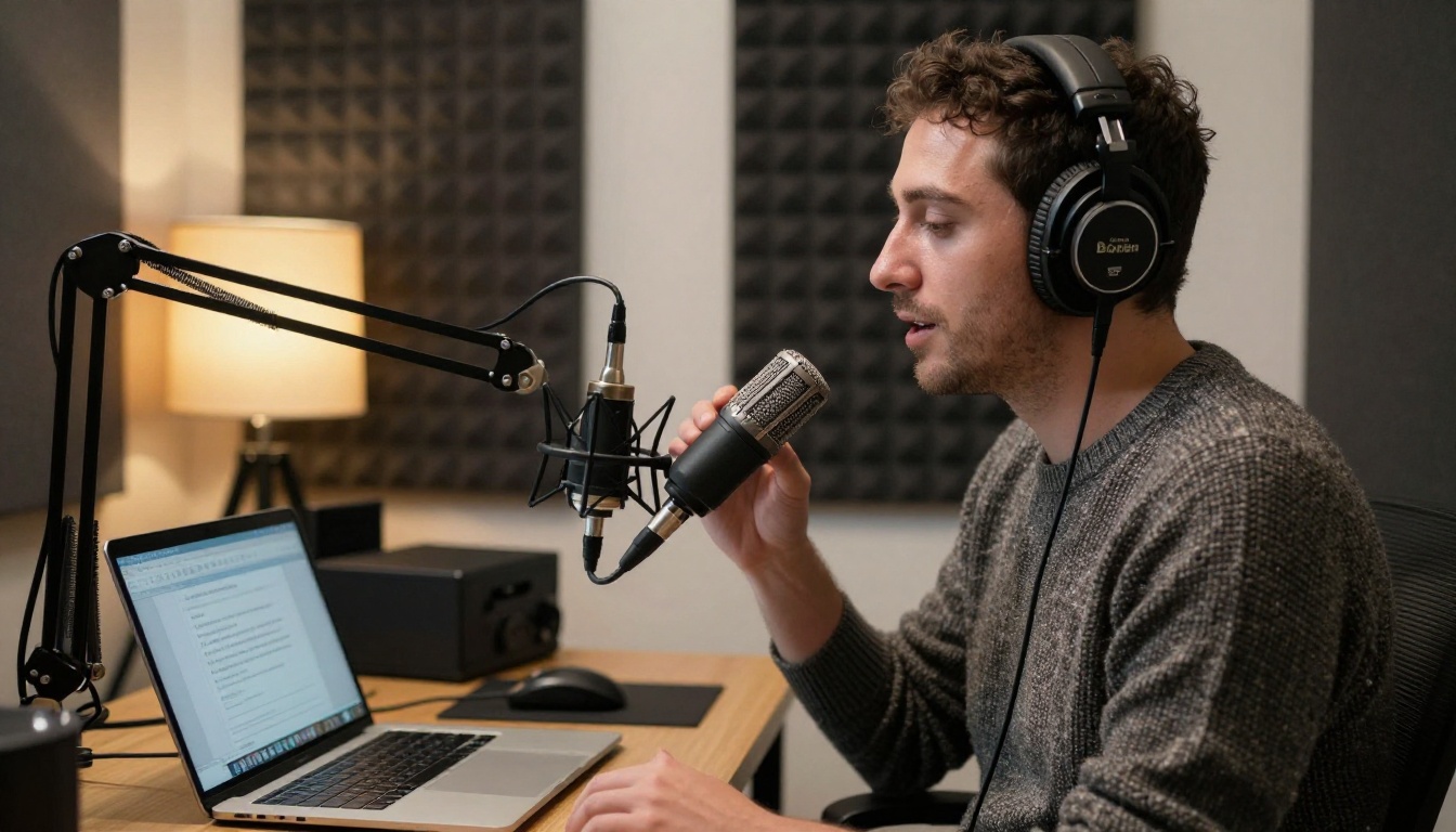 A podcast host in a small studio speaking into a microphone with a laptop showing an upload page