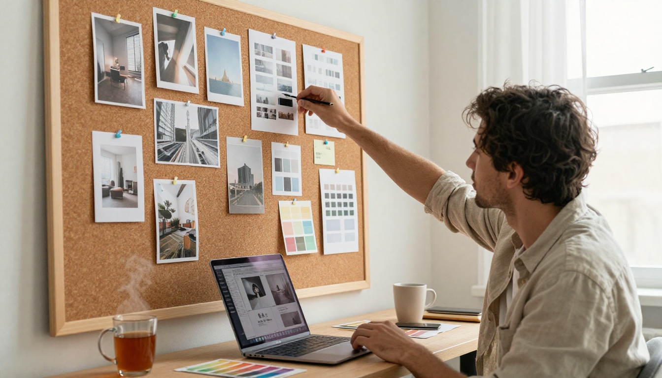 A content creator pinning printed photo mockups and index cards to a corkboard at a standing desk