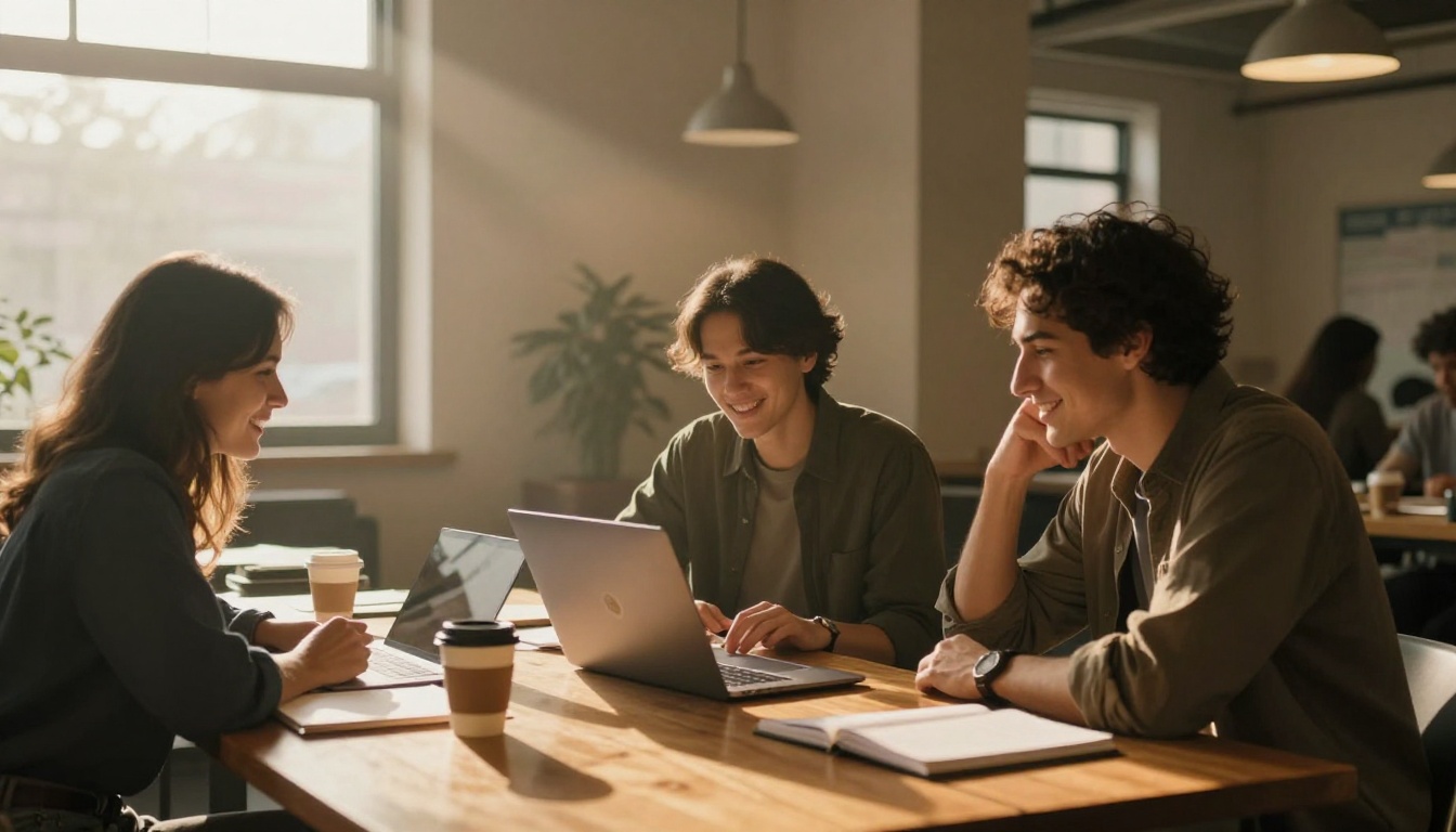 Three colleagues around a long wooden table in a sunlit co-working space reviewing a laptop together