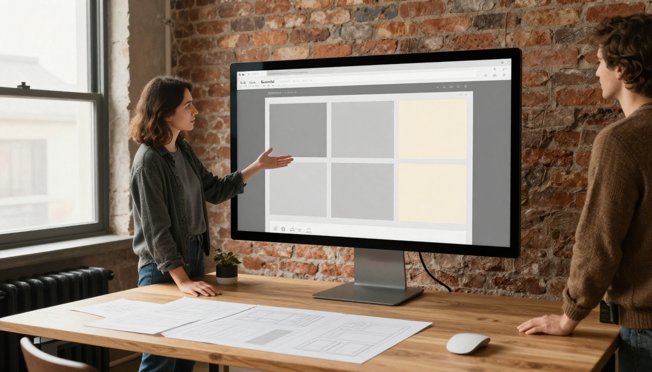 Designer and developer reviewing a website layout on a large monitor in a bright studio