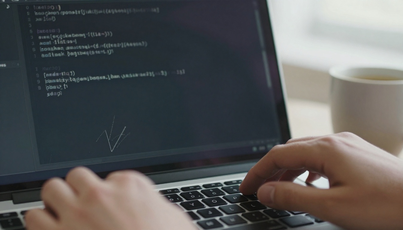 Developer typing a command into a terminal on a laptop beside printed wireframes
