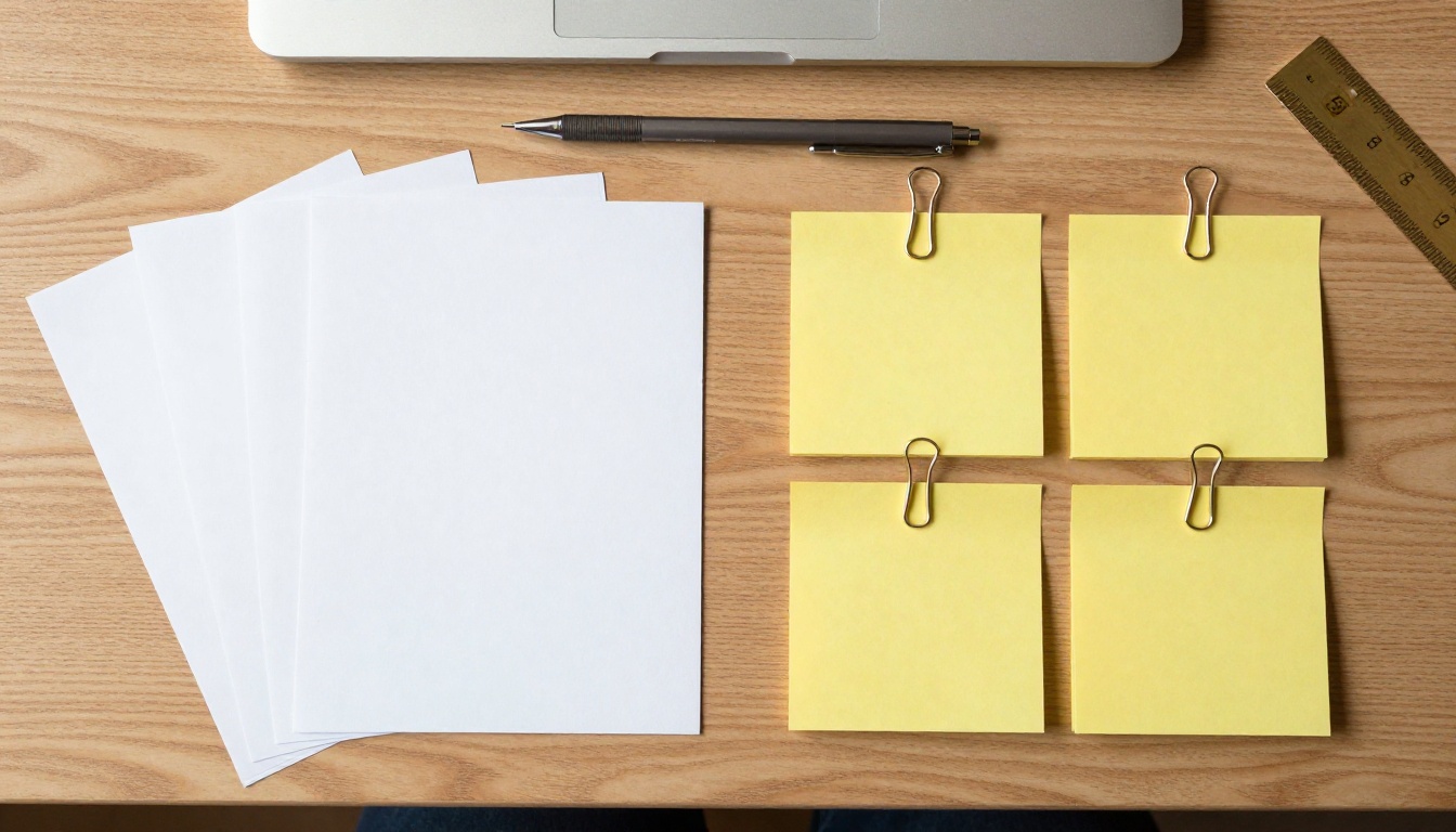 Overhead view of two neat columns of index cards and sticky notes on a pale oak desk