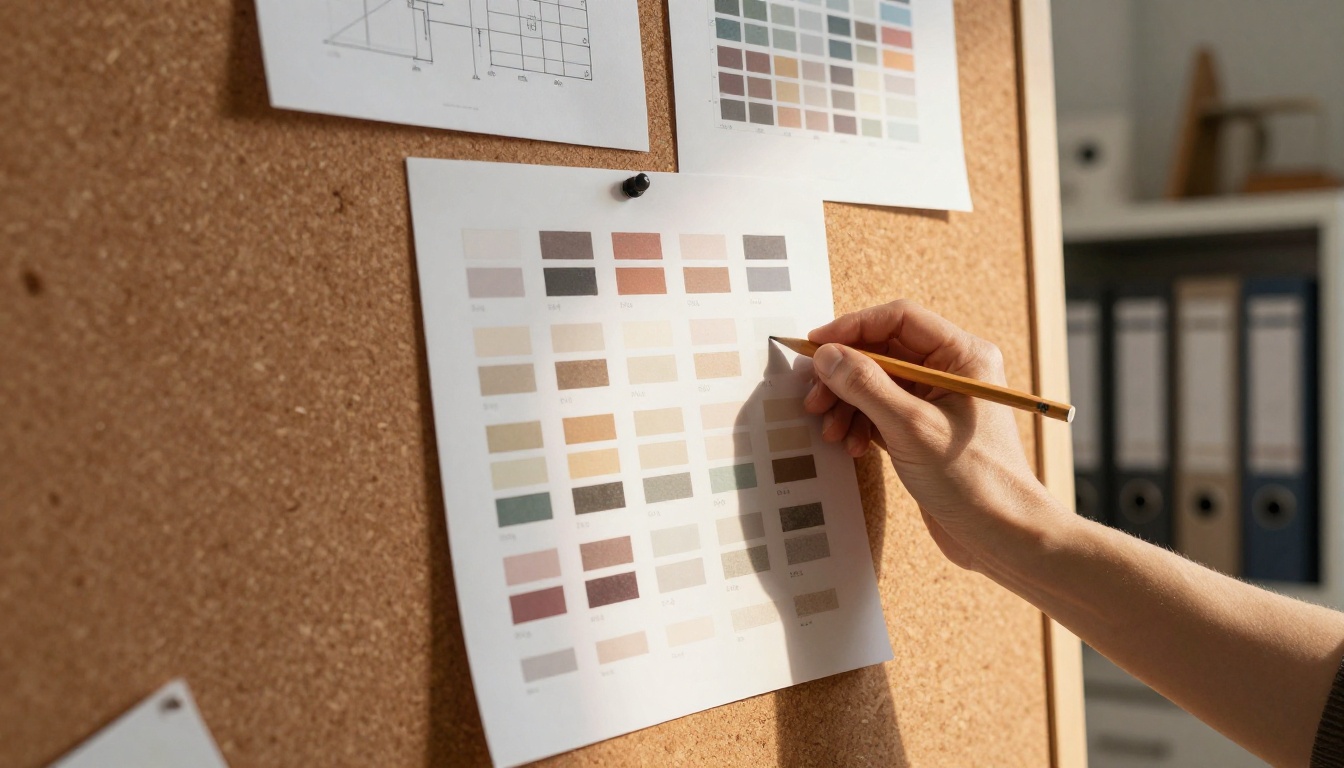 Designer pinning color swatches and type specimens to a cork board in late afternoon light