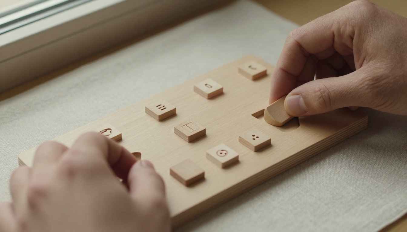 Hands fitting a wooden block into a matching cut-out on a wooden interface mockup board
