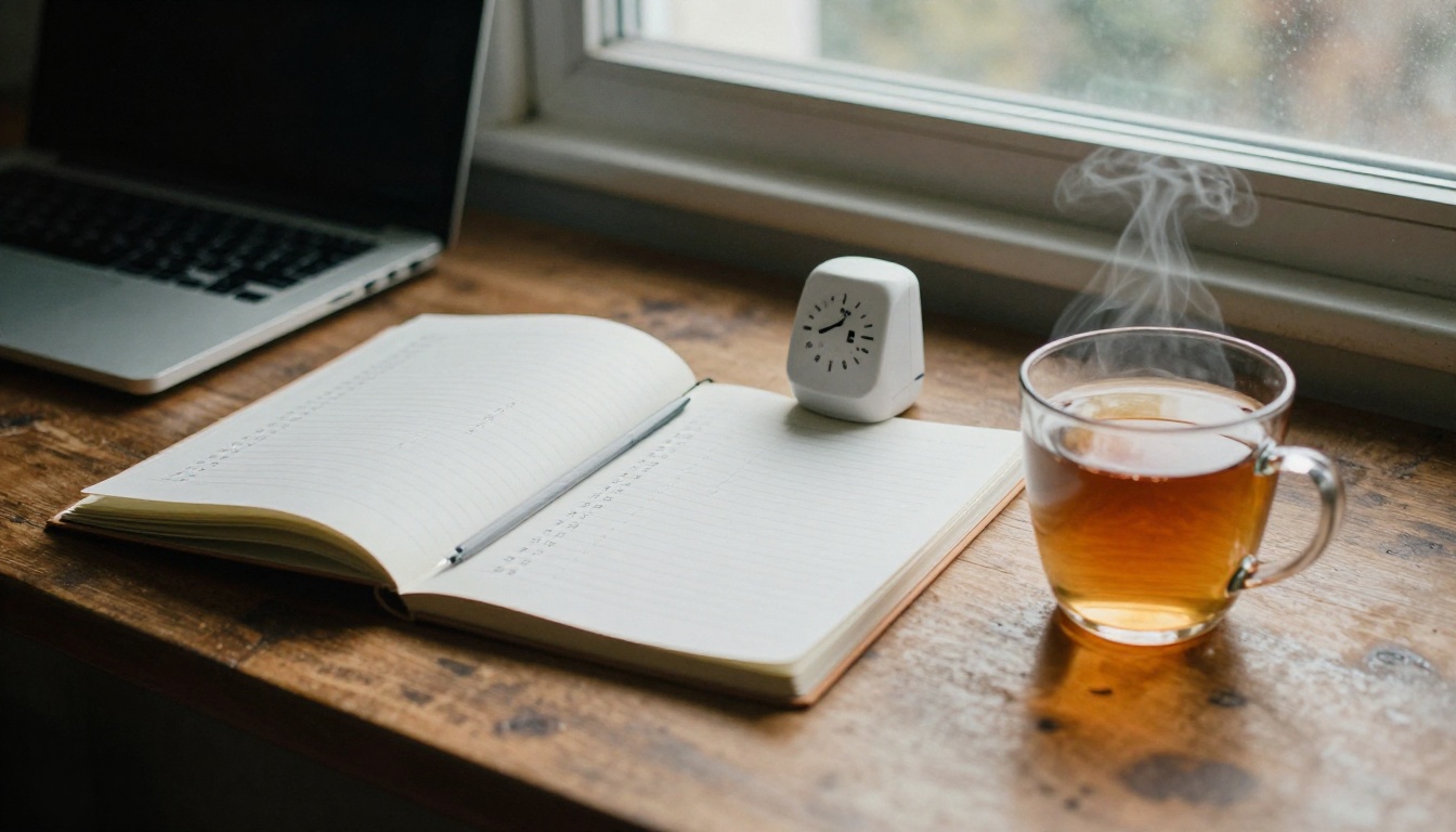 Kitchen timer and a notebook full of tally marks beside a closed laptop