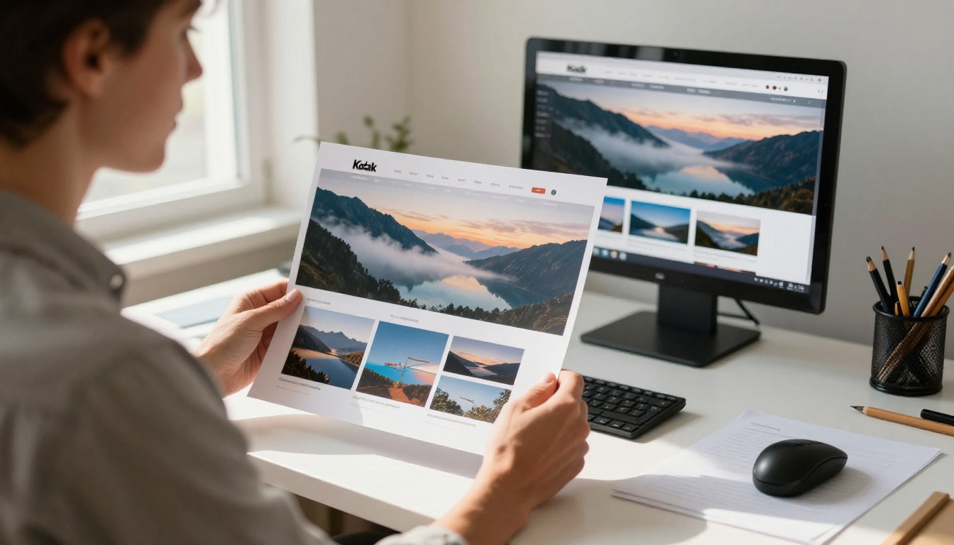 Creative director holding a printed mountain lake photo against a monitor showing a hero layout