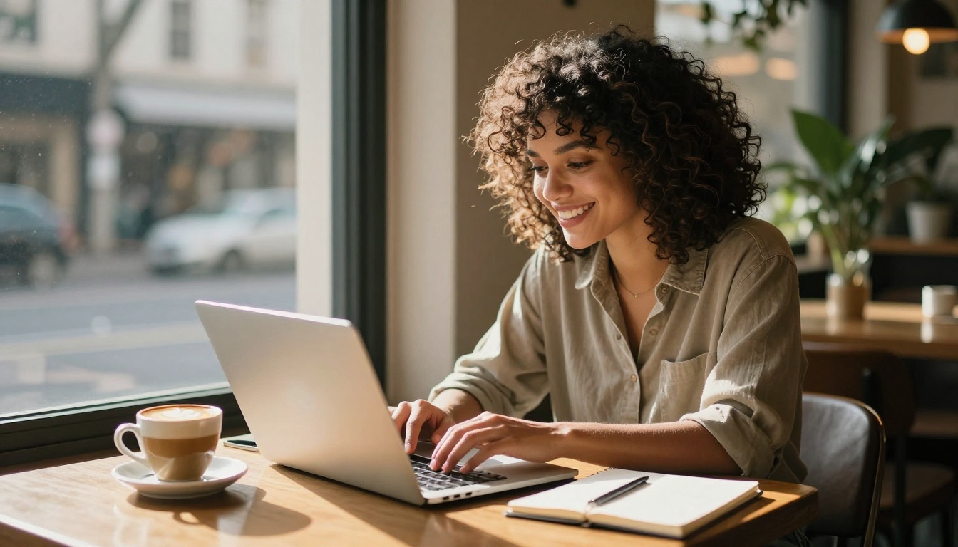 Smiling creator working on a laptop at a wooden cafe table by a sunny window
