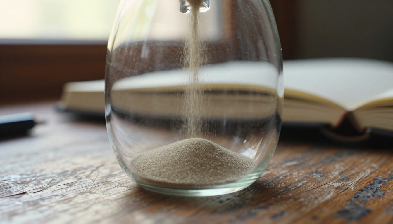 A glass sand timer on a weathered oak desk with sand caught mid-fall