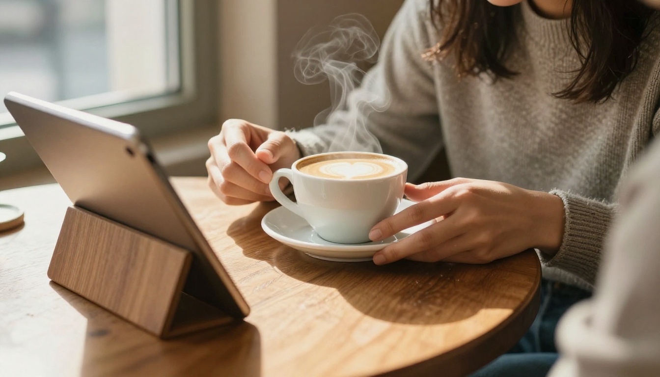 A freelance designer working on a tablet at a sunlit café table with a flat white