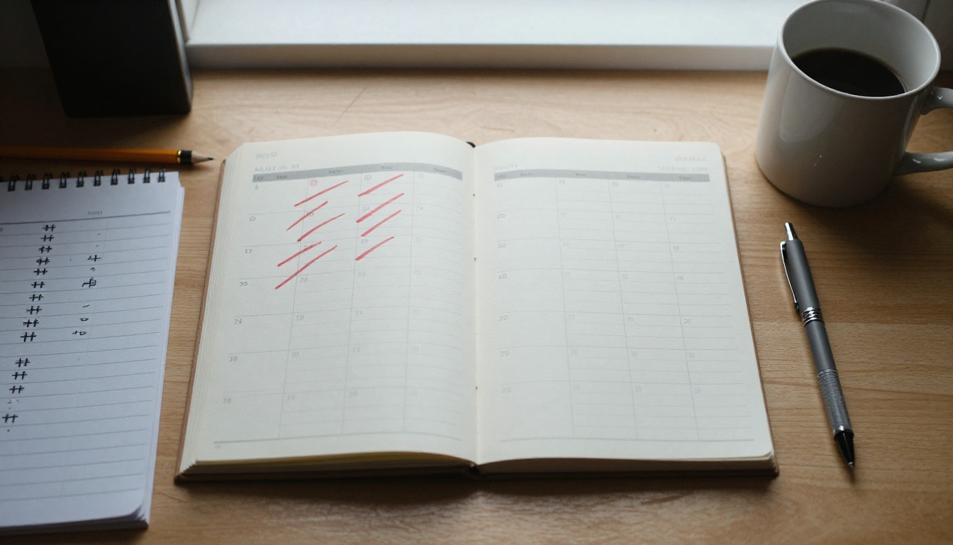A paper planner with crossed out days and pencil tally marks on a pale desk