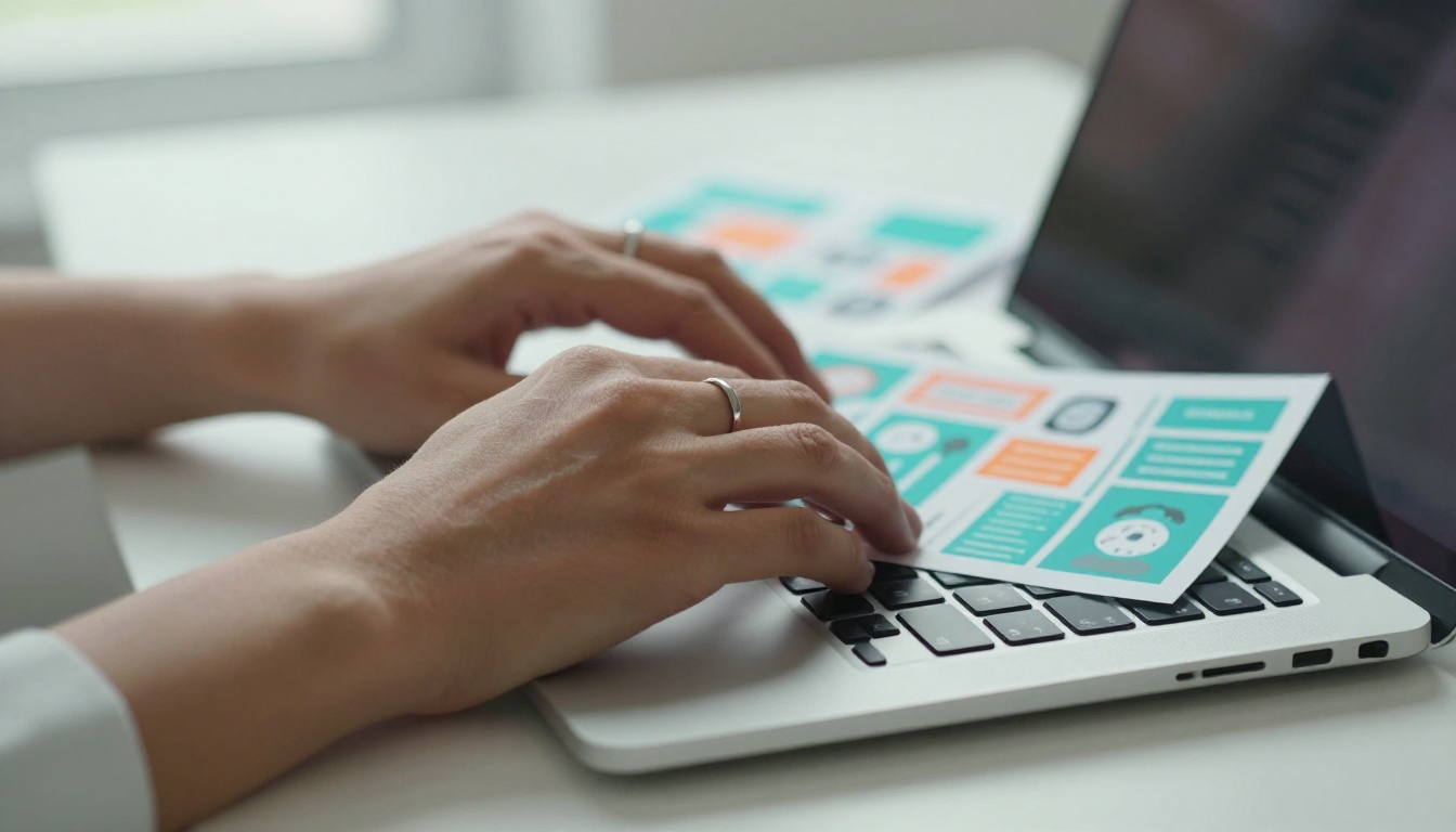 Close view of hands typing on a laptop beside printed social media post drafts