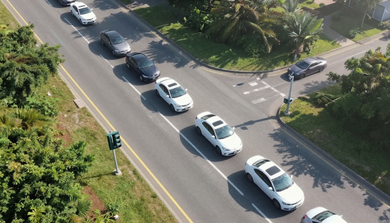 Aerial view of a freeway on-ramp where one car waits at a metering signal