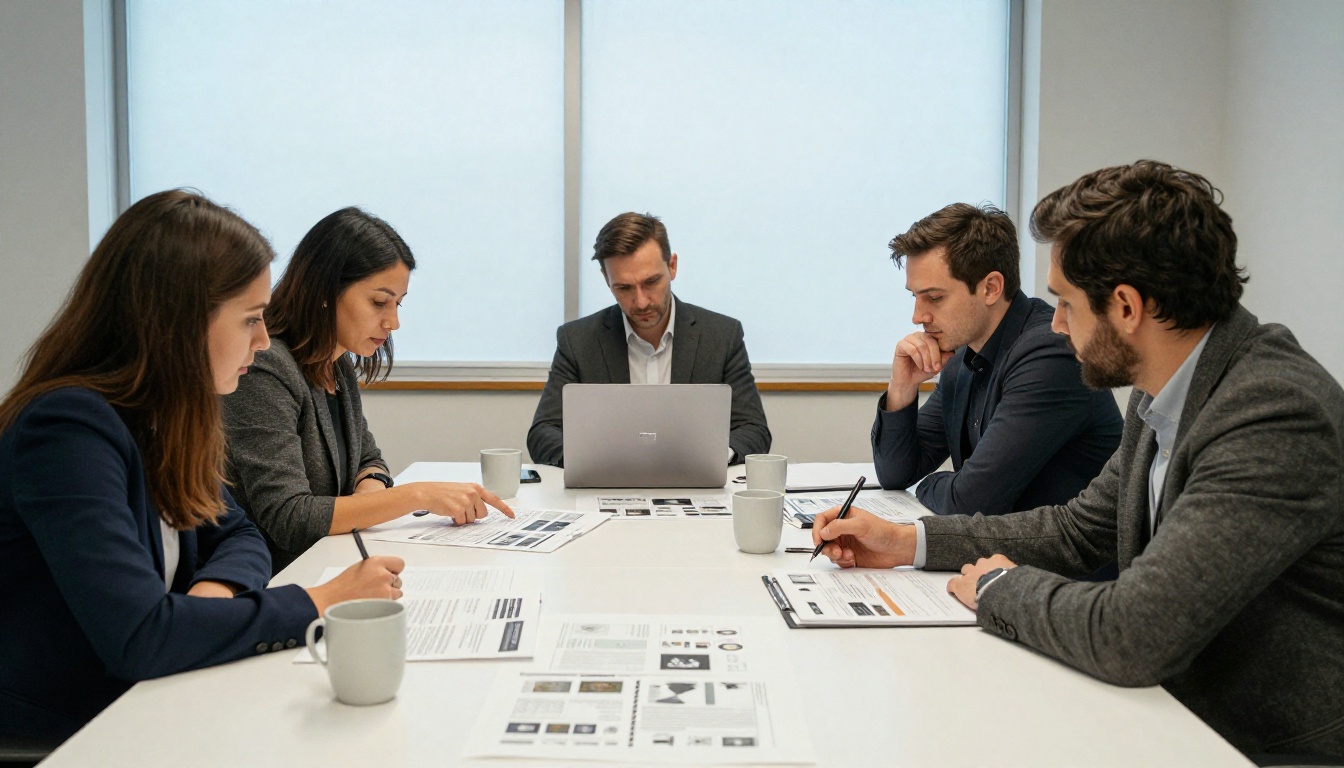 Five colleagues around a meeting table reviewing printed slide drafts